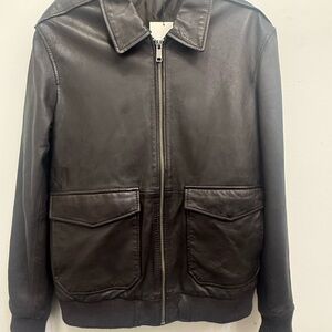 Zara Dark Brown Leather Bomber Jacket